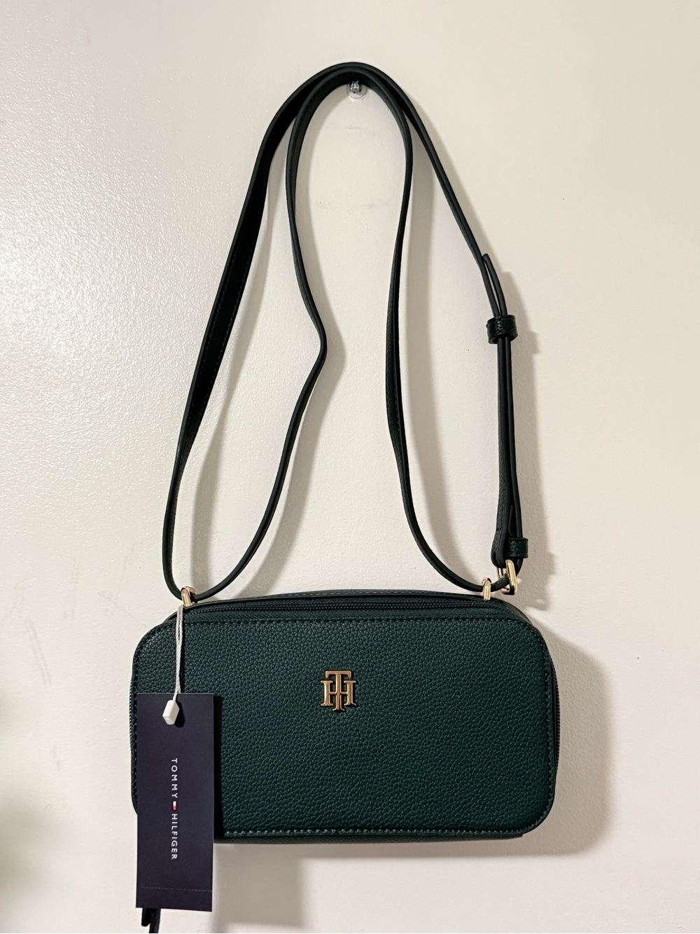 Tommy Hilfiger Dark Green Pebbled Crossbody with Gold Logo